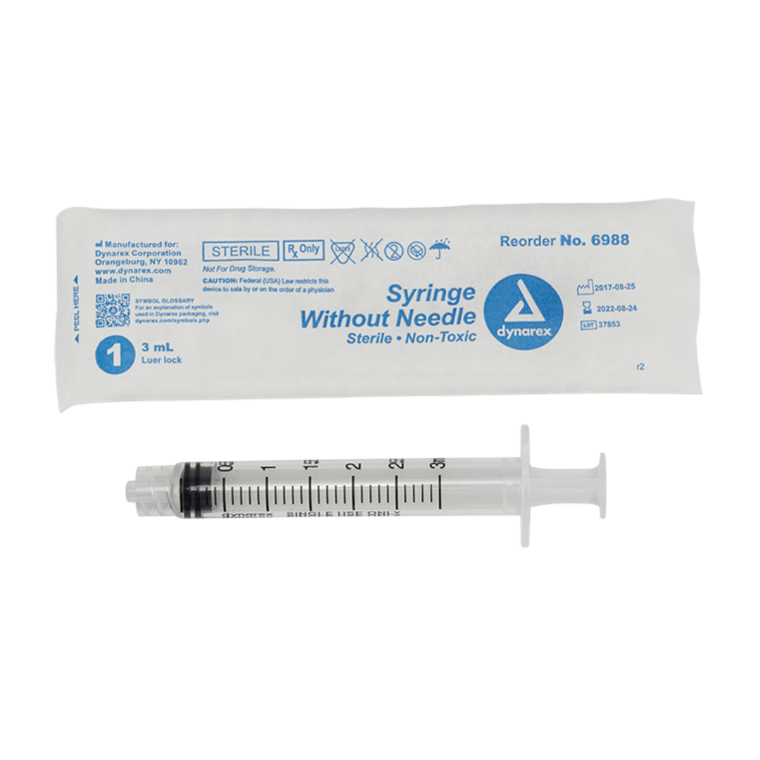 A packaged Dynarex Syringes Without Needle, 3 mL, sits above an unpackaged 3 mL syringe with clear barrel and black markings—ideal for precise medication dosing.